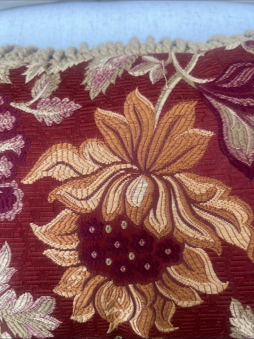 Custom Wine/Gold Floral Fringe Lumbar Shaped Pillow